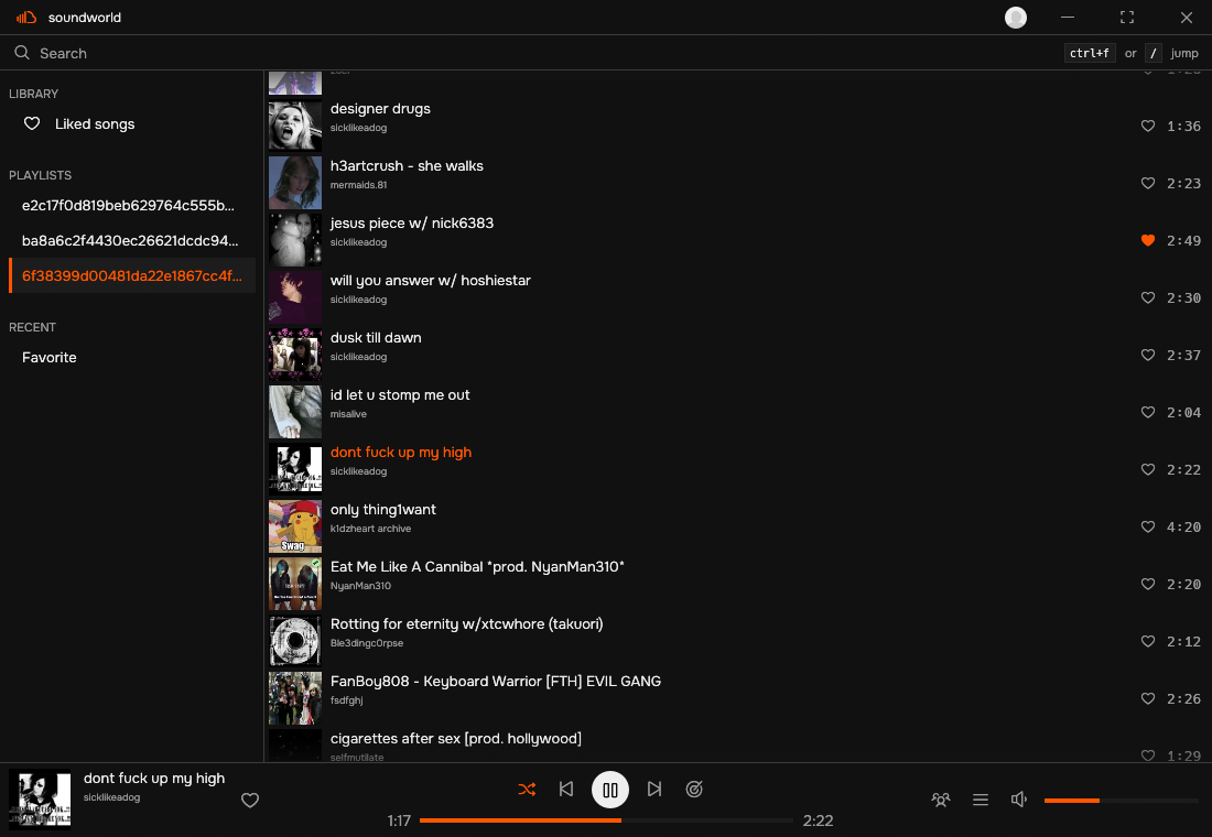 Soundworld's dark desktop interface, with playlists on the left, a track list, and playback controls along the bottom